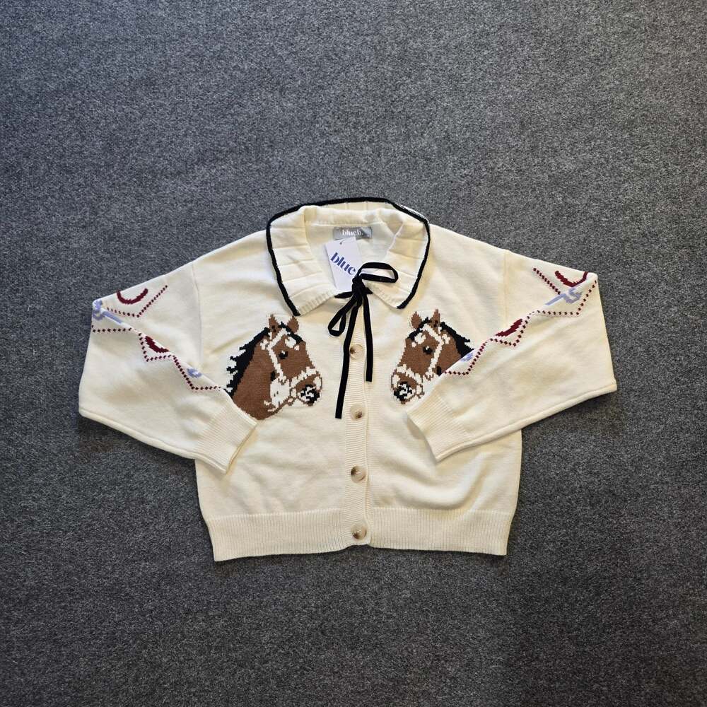 Blue B Sweater Womens Size Medium White Horse Equestrian Preppy Button Cardigan
